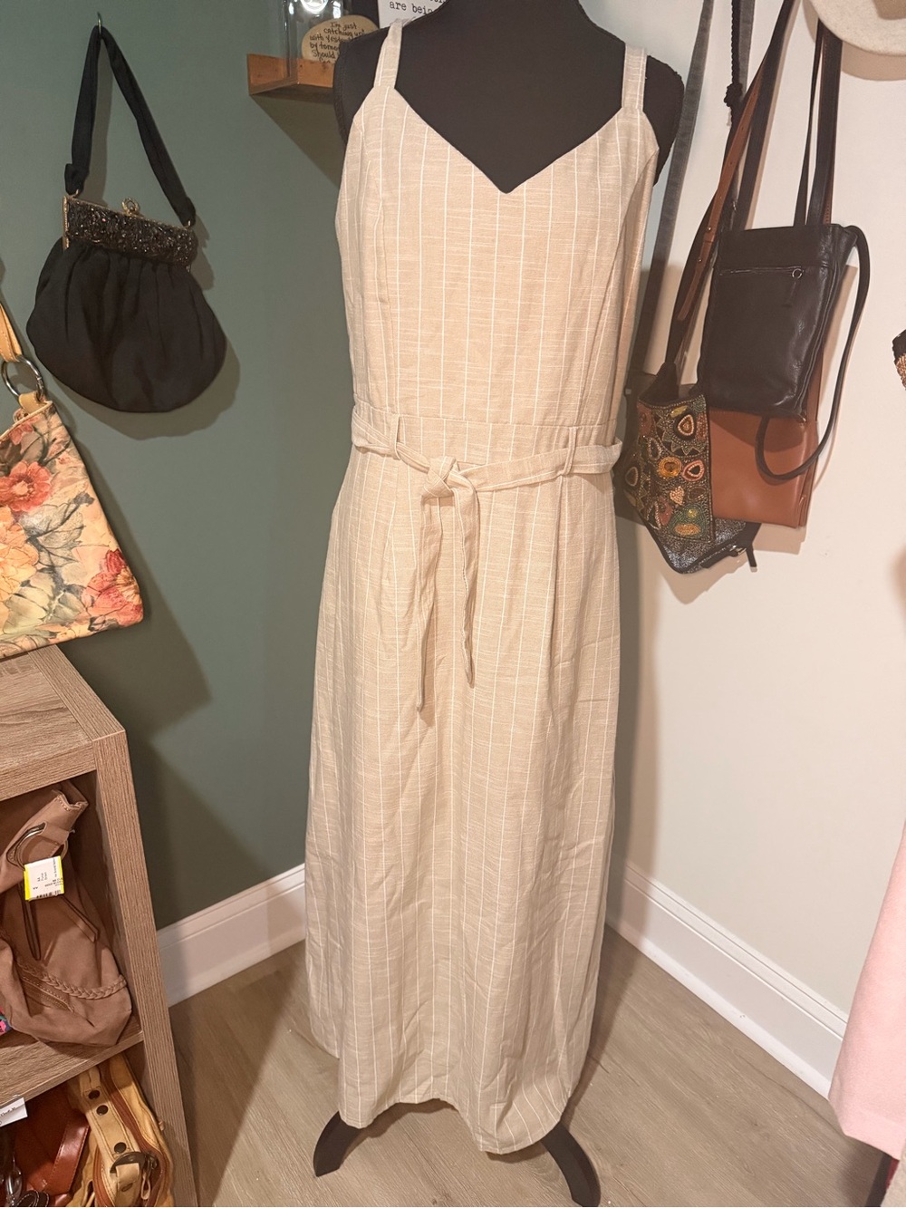 V&L Made in Italy Beige Striped Cotton Maxi Dress Belted L